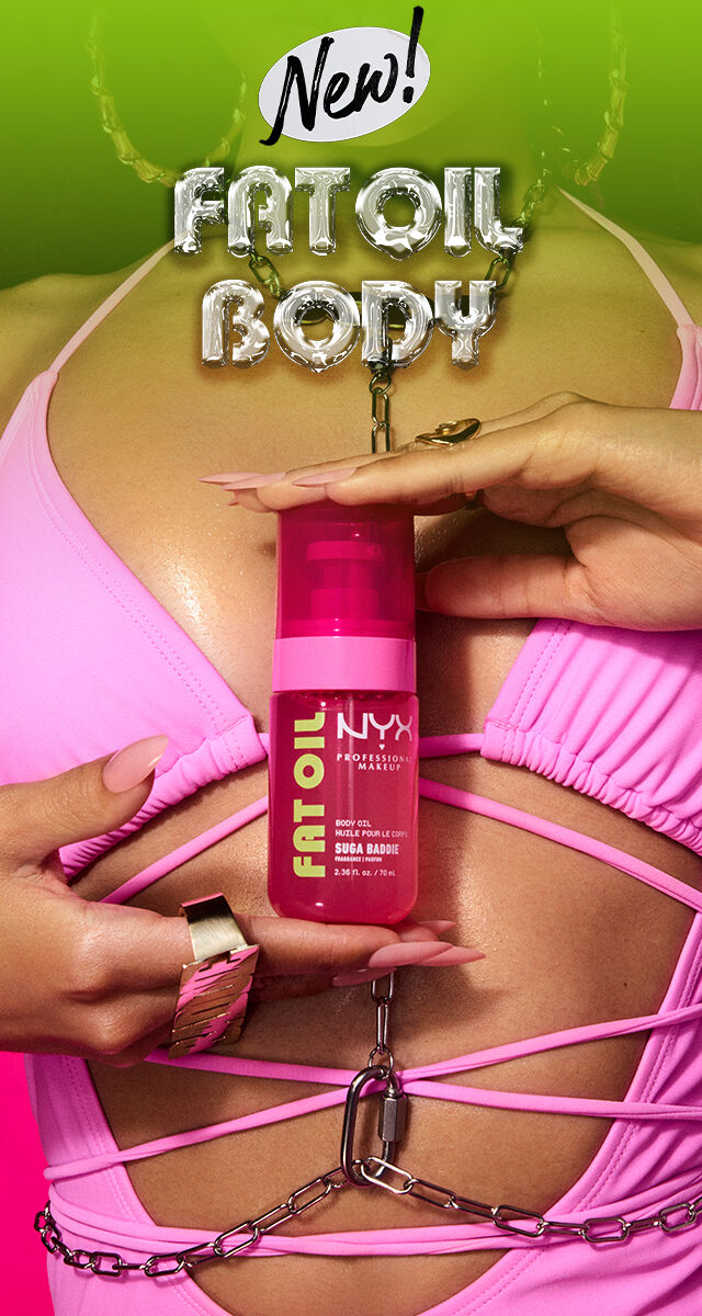 Model in swimsuit holding Fat Oil body product in pink bottle