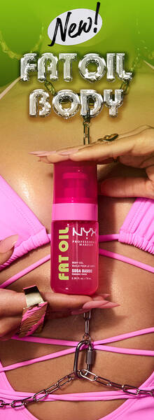 Model in swimsuit holding Fat Oil body product in pink bottle
