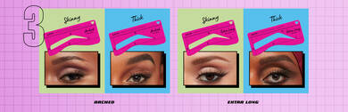 NYX Professional Makeup eyebrow stencils labeled "Skinny" and "Thick," with close-up images of arched brows on a pastel grid background.