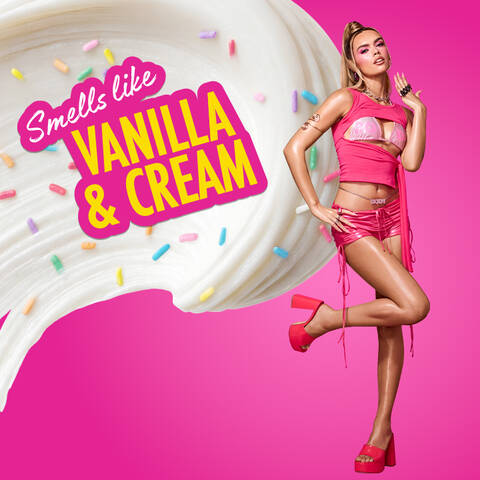 Vanilla cream splash with colorful sprinkles and bold Suga Baddie text on a yellow and pink background.