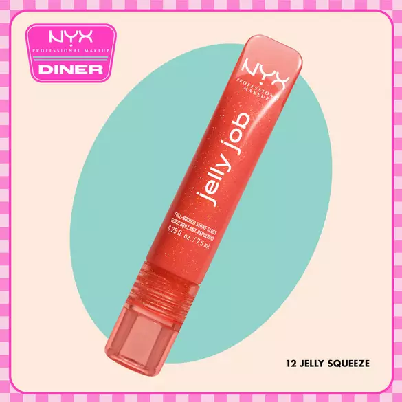 NYX Professional Makeup Jelly Job gloss in shade 12 Jelly Squeeze displayed diagonally on a beige background with a teal oval and NYX Diner logo.