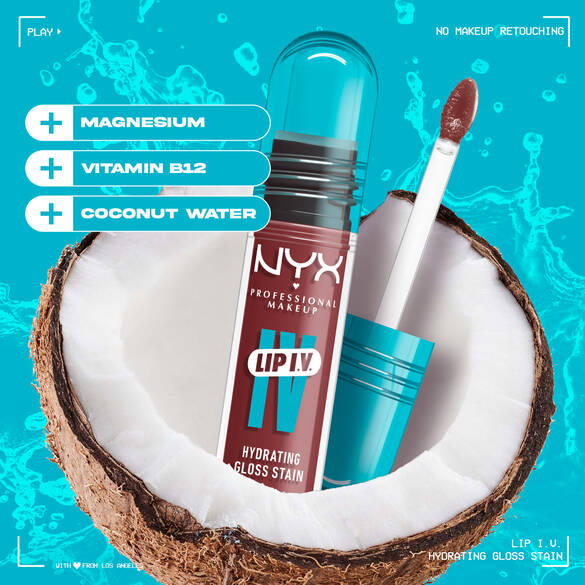 Lip IV Hydrating Gloss Stain dentro de um coco com texto incluindo ingredientes de magnésio, vitamina B12 e água de coco.