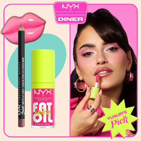 NYX Professional Makeup Suede Matte Lip Liner in 25 Whipped Caviar and Fat Oil Lip Drip in 02 Missed Call shown beside a model applying pink lip color, with NYX Diner logo and Yusur’s Pick badge on a pink background