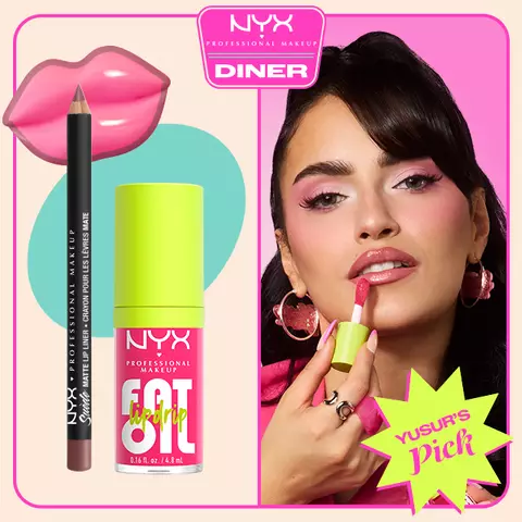 NYX Professional Makeup Suede Matte Lip Liner in 25 Whipped Caviar and Fat Oil Lip Drip in 02 Missed Call shown beside a model applying pink lip color, with NYX Diner logo and Yusur’s Pick badge on a pink background