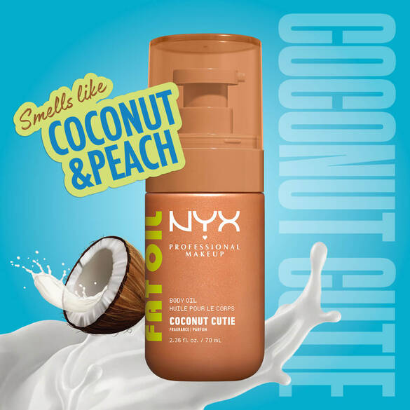 Coconut & peach scent branding info shown with Coconut Cutie Body Oil on blue background.