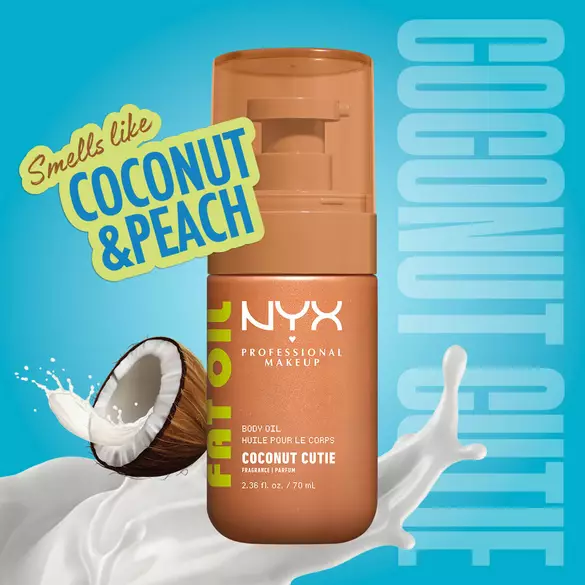 Coconut & peach scent branding info shown with Coconut Cutie Body Oil on blue background.