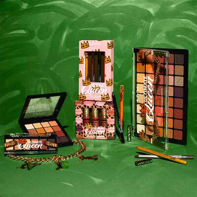 NYX Cosmetics' Ultimate Queen Makeup Collection against green background