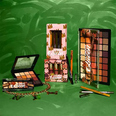 NYX Cosmetics' Ultimate Queen Makeup Collection against green background