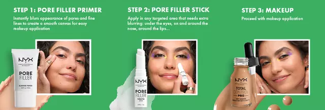 Step-by-step on how to apply the Pore Filler Primer, then Pore Filler Stick, then makeup