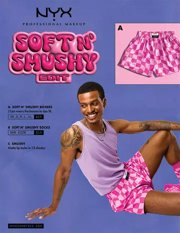 NYX Professional Makeup "Soft N' Smushy Edit" promotional image featuring pink checkered boxers, socks, and lip balm with product details and pricing.