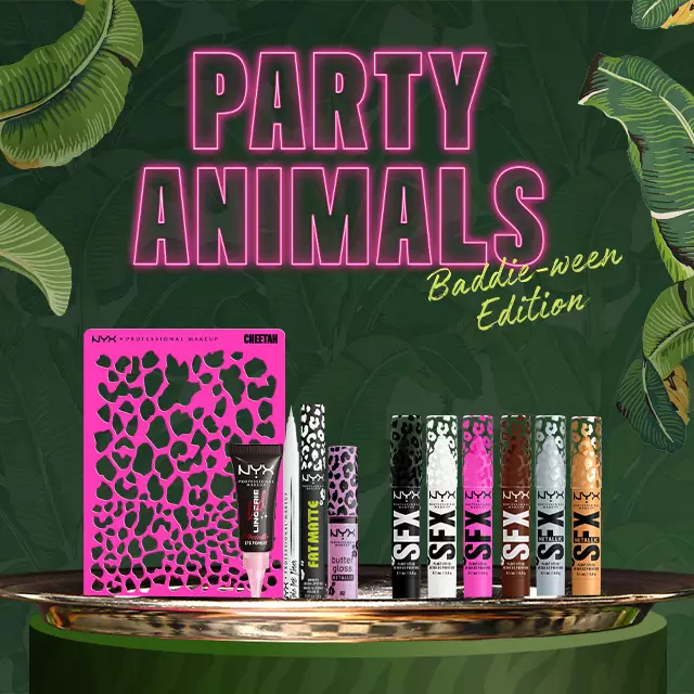 NYX Professional Makeup Party Animals Baddie-ween Edition Halloween banner with jungle leaf background, cheetah print gift set, eye and lip products, Fierce Looks Unleashed text