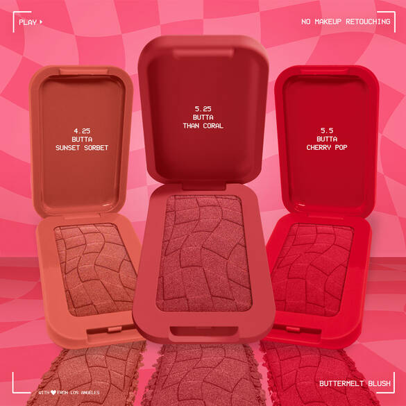 Three open NYX Professional Makeup Buttermelt Blush compacts in the shades 4.25 Butta Sunset Sorbet (glowy peach), 5.25 Butta Than Coral (deep coral), and 5.5 Butta Cherry Pop (cherry red).