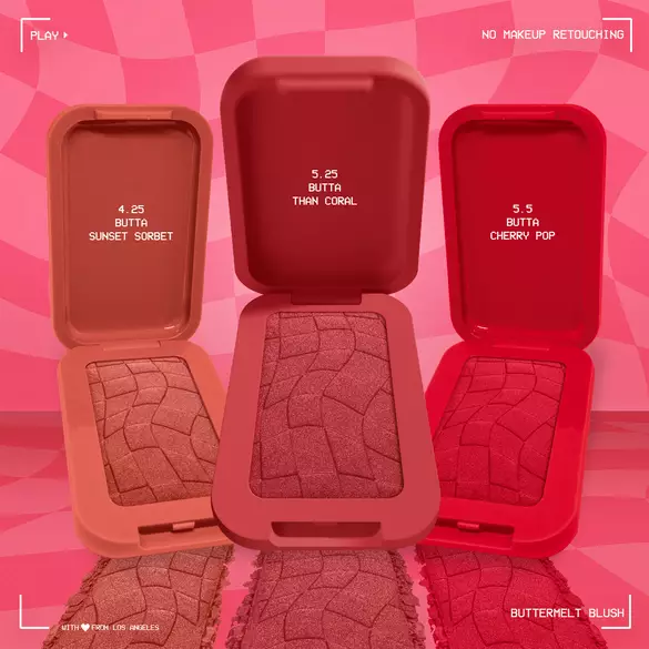 Three open NYX Professional Makeup Buttermelt Blush compacts in the shades 4.25 Butta Sunset Sorbet (glowy peach), 5.25 Butta Than Coral (deep coral), and 5.5 Butta Cherry Pop (cherry red).