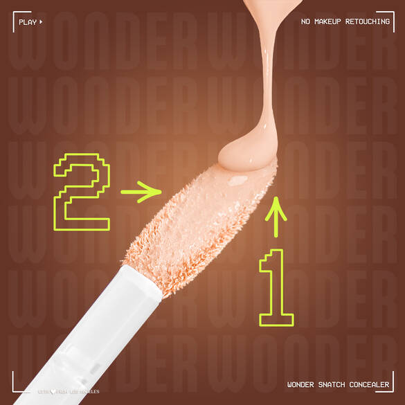 Close-up of Wonder Snatch(TM) Concealer applicator with a #1 and arrow pointing to the tip for precise application and a #2 and arrow pointing to the flat edge for larger areas of the face.