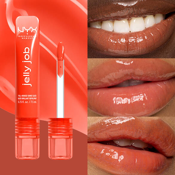 Packshot & 3 models with varying skin tones wearing Jelly Job Jelly Lip Gloss in shade 'Orange Ya Jelly?', a tangerine color