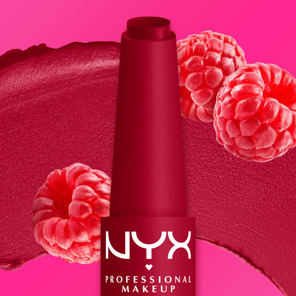 A vibrant raspberry shade is shown with fresh raspberries and a lipstick smear on a pink background, highlighting the color and fruity inspiration.
