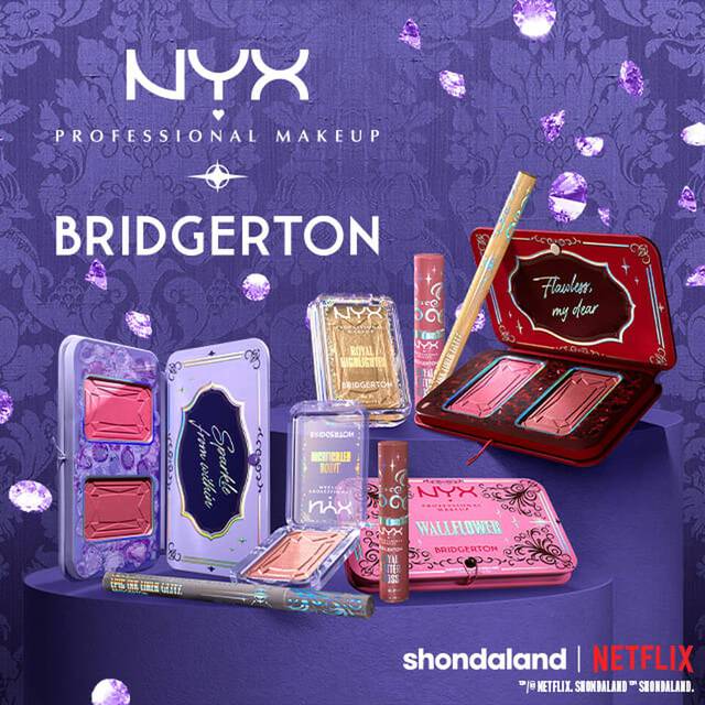 Wide banner for NYX Professional Makeup x Bridgerton collection. Left: 'Mask On! Be the Baddie of the Ball This Season.' text with 'Shop' button. Right: Collection makeup on purple pedestal. Purple damask background with gems.