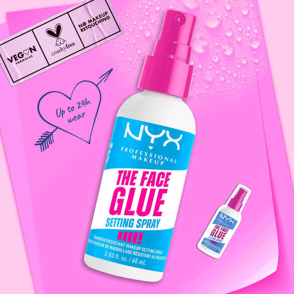 O Face Glue Setting Spray literalmente estende a duração da maquiagem por até 24 horas,