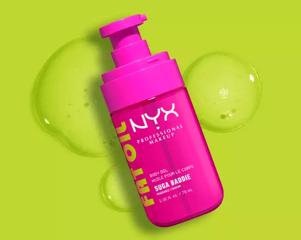 Product shot of Fat Oil Body Oil in Suga Baddie with droplets against lime green background as step 2 of body care routine.