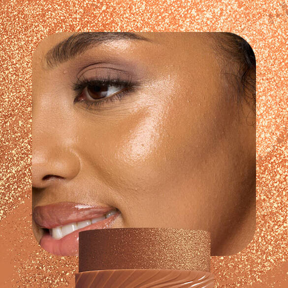 Model with warm bronze highlight wearing NYX Buttermelt Stix in Melt You Later 11 showing golden buttery glow