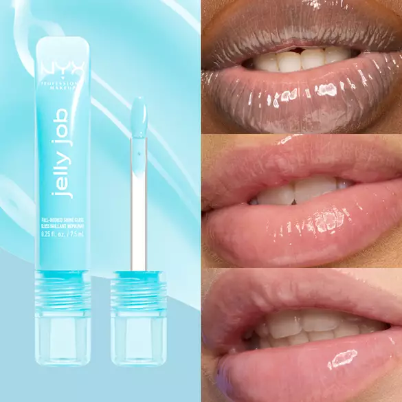 Packshot & 3 models with varying skin tones wearing Jelly Job Jelly Lip Gloss in shade 'Jelly Frost', an icy blue color