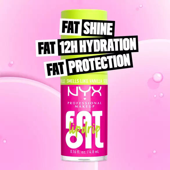 Model in pink skirt with black leg tattoos holding jar of Suga Baddie Body Butter on lime green background. Text at bottom of image: Fat Oil Body.