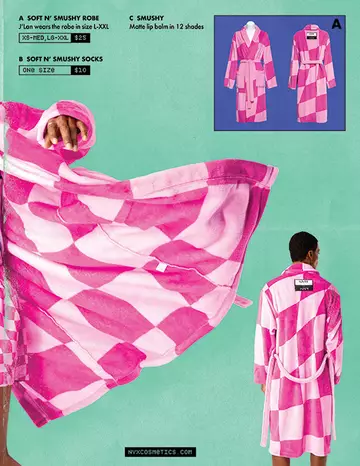Pink and white checkered robe and socks from NYX Cosmetics' "Soft N' Smushy" collection, with product details and prices displayed.