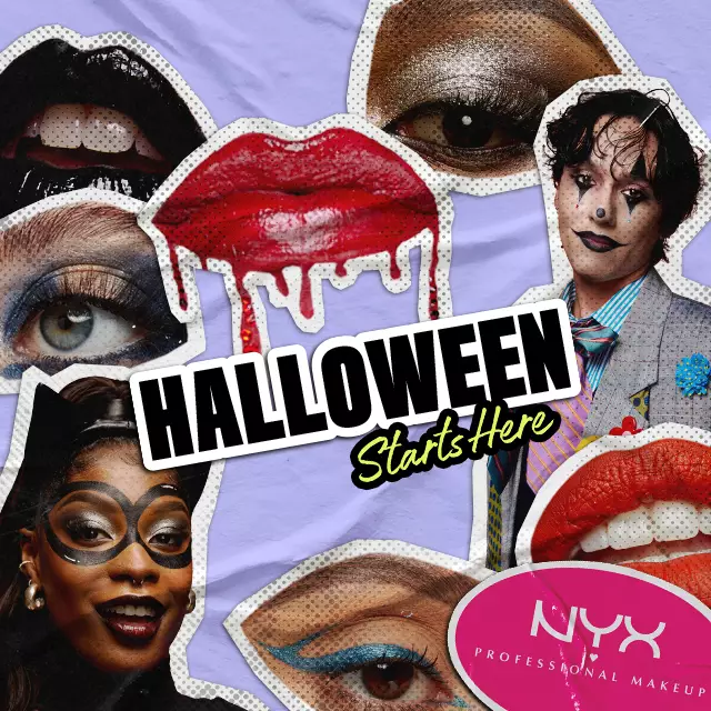 NYX Professional Makeup Halloween Makeup Essentials banner with collage of dramatic Halloween makeup looks, bold lips and eye looks, Halloween Starts Here text