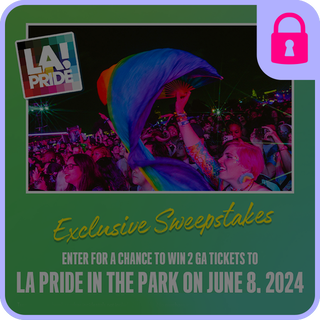 LA Pride promotional image with a crowd holding a rainbow flag and text reading "Exclusive Sweepstakes. Enter for a chance to win 2 GA tickets to LA Pride in the Park on June 8, 2024."
