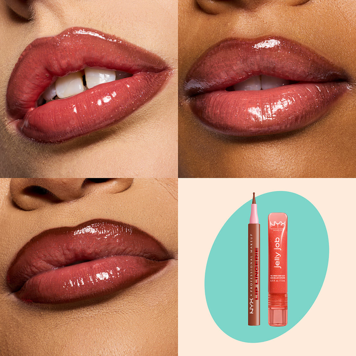 NYX Professional Makeup Lip Lingerie Lip Liner Stain in 02 Naughty Nude and Jelly Job Full Bodied Shine Gloss in 12 Jelly Squeeze shown on three glossy lip swatches with product packshot