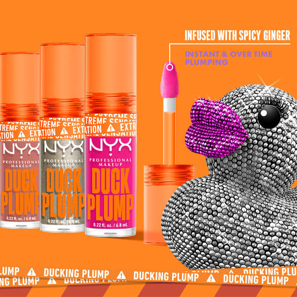 three shades of Duck Plump Lip Plumping Gloss with sparkling duck in the foreground and text “infused with spicy ginger”