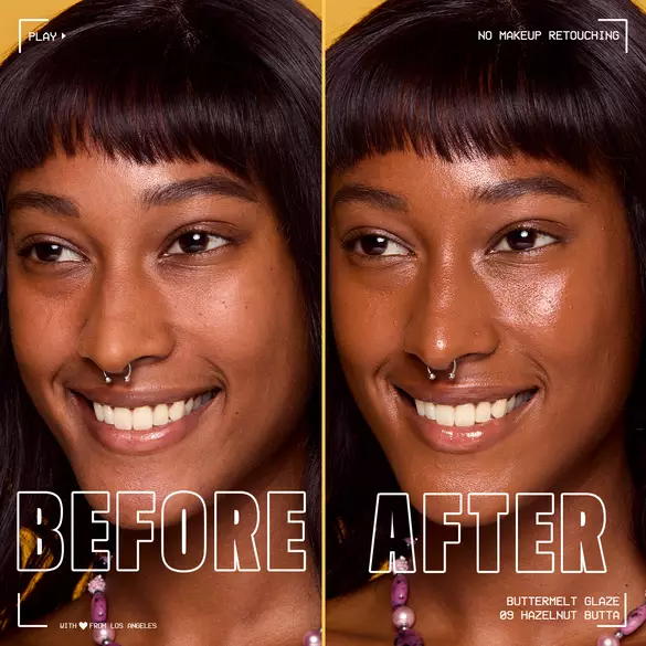 before and after images of Buttermelt Glaze Skin Tint with SPF
