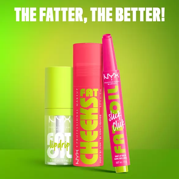 Fat Oil Lip Drip, Fat Cheeks Juicy Blush, and Fat Oil Slick Click on green background with text 'The Fatter, The Better'