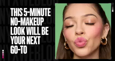 A model with her eyes closed and lips puckered, showcasing a fresh, no-makeup makeup look from NYX Professional Makeup with rosy cheeks and glossy lips. Text on the image reads, "This 5-minute no-makeup look will be your next go-to."