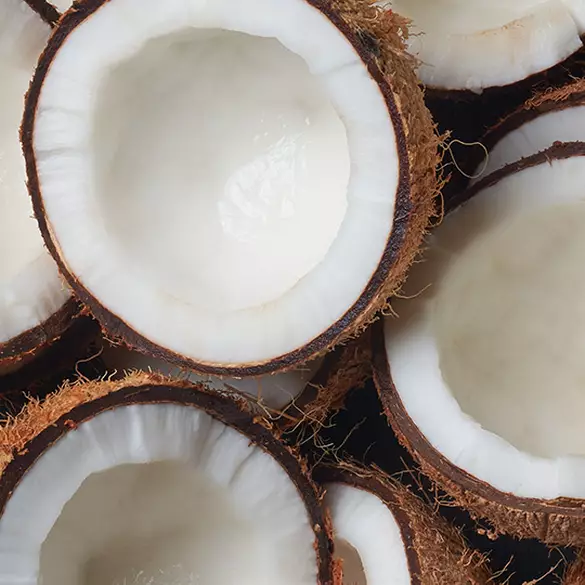Close-up of coconuts with their shells cracked open representing one of the top notes in the Coconut Cutie fragrance.