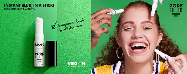 Woman wearing white eyeliner with Pore Filler Targeted Sticks held up around her