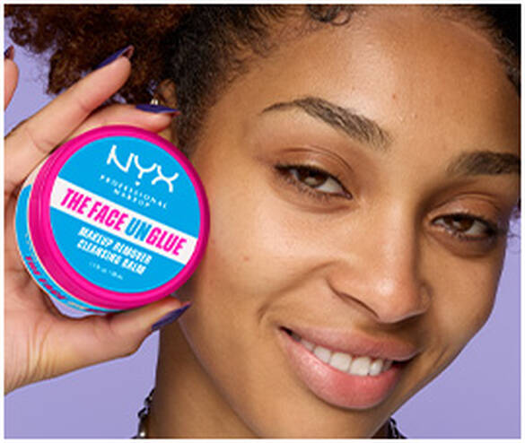 Split image showing steps of using The Face Unglue Makeup Remover Cleansing Balm. THE FACE UNGLUE MAKEUP REMOVER