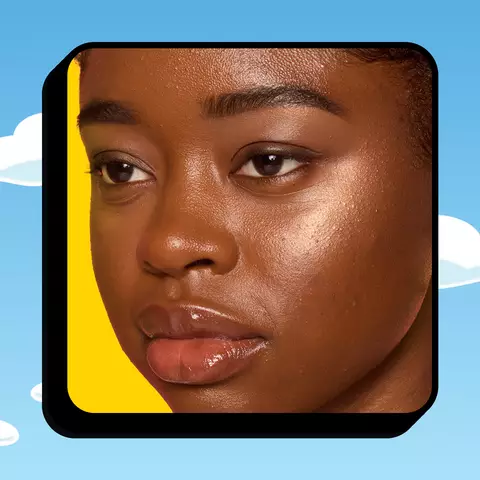 NYX Professional Makeup Homer Simpson Donut Highlighter in 01 Donut Mind if I Do, product displayed on a yellow background with blue sky and white clouds.