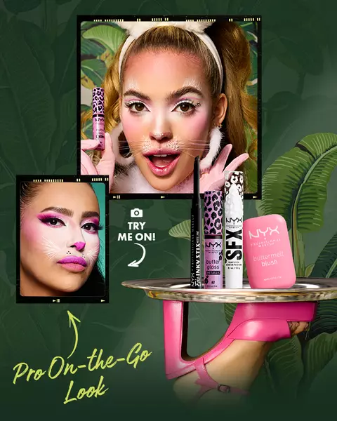 NYX Professional Makeup Bratty Bunny campaign image featuring a model with bunny ears, pink eye makeup, whiskers and rosy cheeks, beside Epic Inky Stix Black Screen, SFX Paint Stick Giving Ghost, Buttermelt Blush Butta Together and Butter Gloss Violet Vixen.