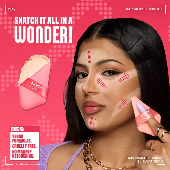 Model applying face powder using Wonder™ Setting Powder Puff with arrows demonstrating direction of application