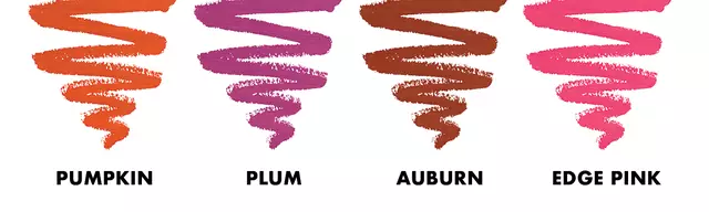 Longwear Slim Lip Pencil swatches in Pumpkin, Plum, Auburn, and Edge Pink against white background