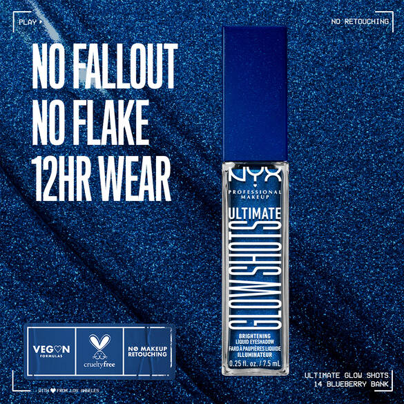 NYX Ultimate Glow Shots Liquid Eyeshadow promo - glittery gold backdrop with blue/purple accents and “THE LOOKS” headline.