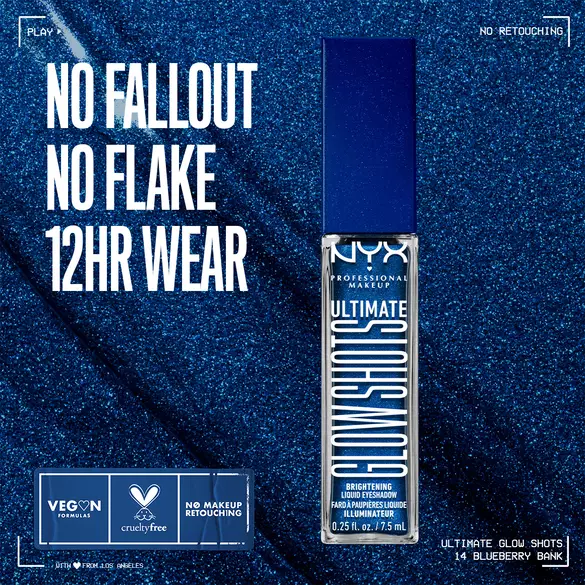 NYX Ultimate Glow Shots Liquid Eyeshadow promo - glittery gold backdrop with blue/purple accents and “THE LOOKS” headline.