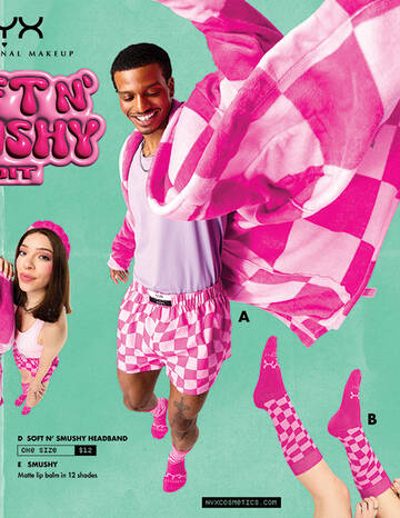 A promotional image for NYX Professional Makeup's "Soft N' Shushy Edit," featuring a person in pink checkered shorts and socks, a pink robe, and a matching headband.