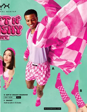 A promotional image for NYX Professional Makeup's "Soft N' Shushy Edit," featuring a person in pink checkered shorts and socks, a pink robe, and a matching headband.