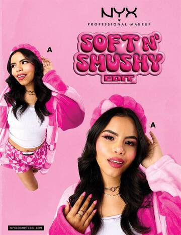 NYX Professional Makeup Soft N' Shushy Edit promotional image featuring pink robes, headbands, and socks with a checkered pattern.