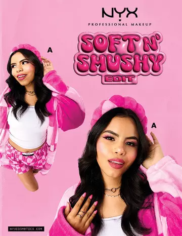 NYX Professional Makeup Soft N' Shushy Edit promotional image featuring pink robes, headbands, and socks with a checkered pattern.