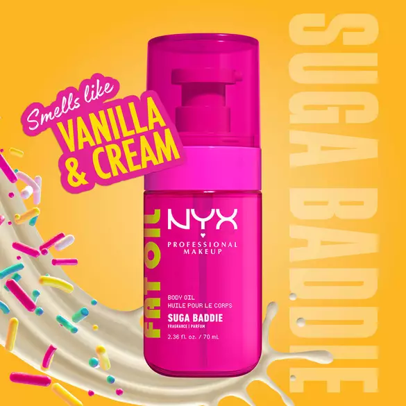 Vanilla & Cream scent badge/text on yellow/orange background for NYX Professional Makeup Fat Oil Suga Baddie Body Oil.