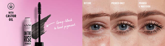 Eyes wearing no makeup, primer only, and primer and mascara to show On The Rise Lash Booster impact
