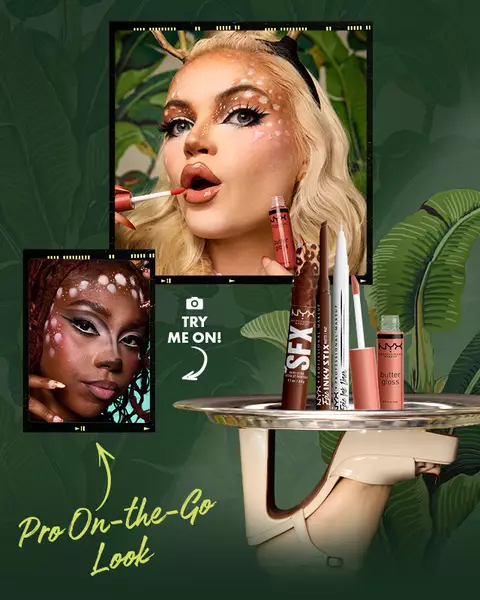 NYX Professional Makeup Doe-Eyed Diva campaign image featuring white doe spots, defined eyes and glossy nude lips, alongside Epic Ink Liner Phantom Lines, SFX Paint Stick Cocoa Cult, Epic Inky Stix Ember Energy and Butter Gloss Bit of Honey.